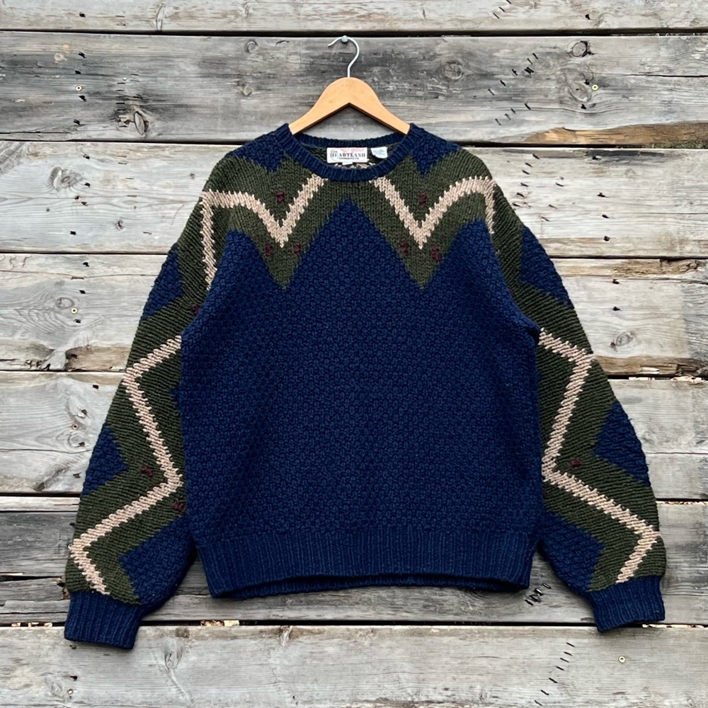 Heartland Company Ltd. Vintage Wool Zigzag Long Sleeve Sweater Navy Men’s XL
